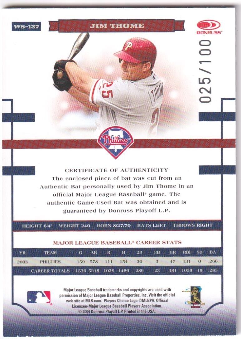JIM THOME 2004 Donruss World Series Game Used Bat SSP #/100 - PHILLIES - Image 2