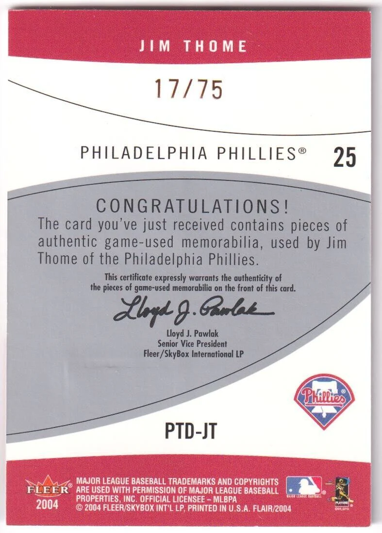 JIM THOME 2004 Fleer Flair Power Tools Dual Game Used Jersey Bat #/75 PHILLIES - Image 2