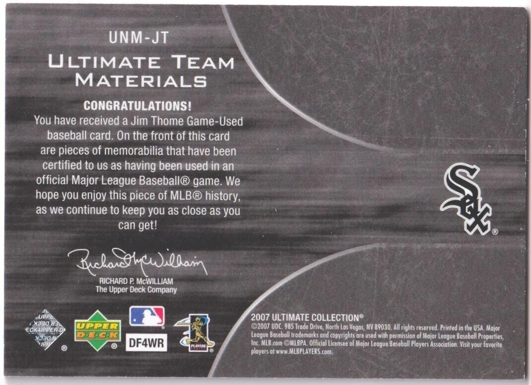 JIM THOME 2007 Upper Deck Ultimate Dual Game Used Jersey SP #/25 - WHITE SOX - Image 2
