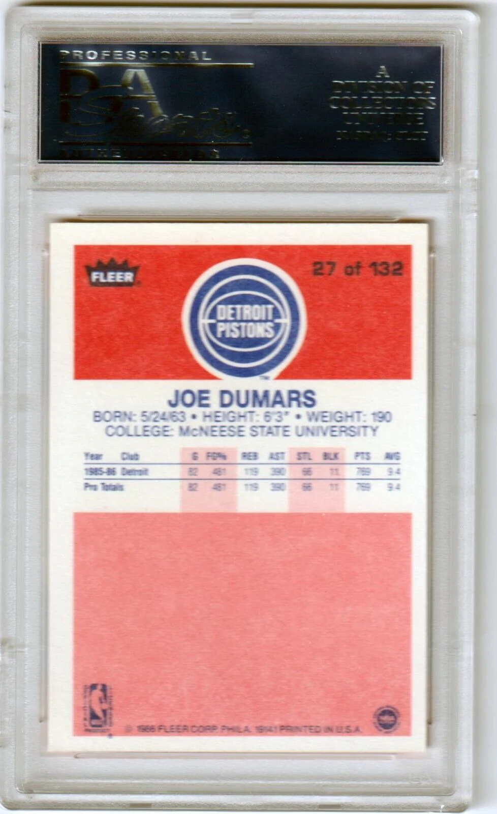 JOE DUMARS 1986-87 Fleer Rookie RC #27 PSA 8.5 NM-MT+ - PISTONS - Image 2