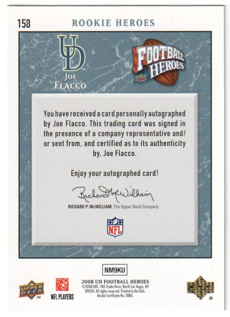 JOE FLACCO 2008 Upper Deck Rookie Heroes Blue Autograph Auto RC #/250 - Image 2