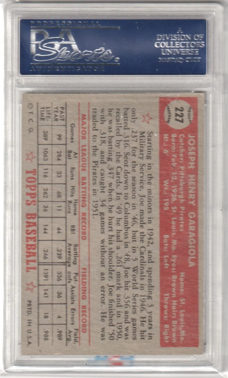 JOE GARAGIOLA 1952 Topps #227 PSA 6 EX-MT - PIRATES - Image 2