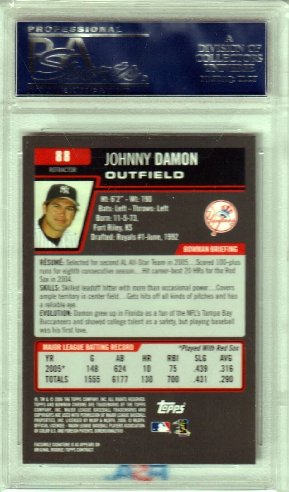 JOHNNY DAMON 2006 Bowman Chrome Refractor #88 PSA 10 GEM MINT - YANKEES - Image 2