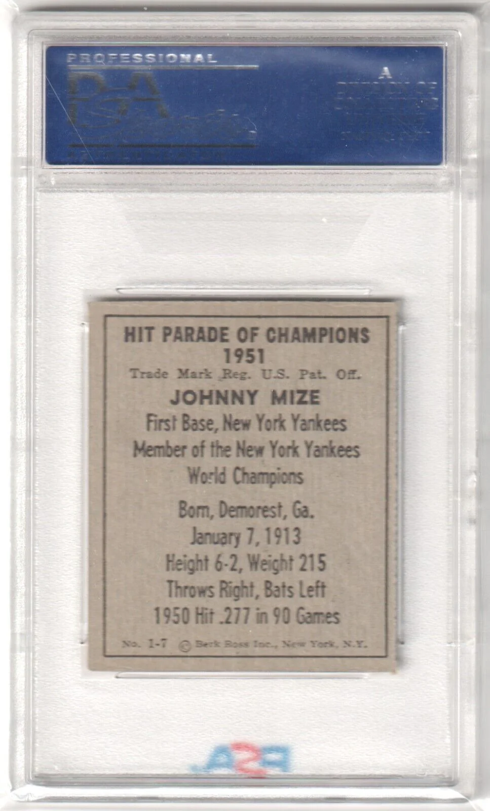 JOHNNY MIZE 1951 Berk Ross #1-7 PSA 7 NM - YANKEES - Image 2
