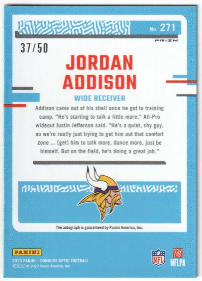 JORDAN ADDISON 2023 Donruss Optic RC Rookie Autograph Auto Pink Velocity #/50 - Image 2