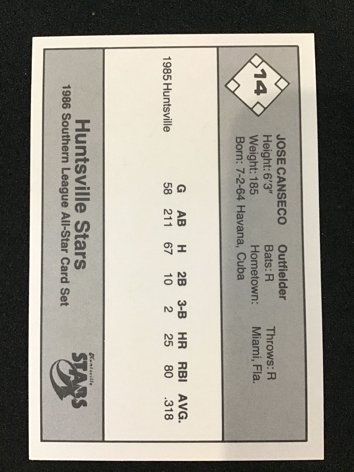 Jose Canseco 1986 Don Jennings Southern All-Stars #14 Huntsville Stars - Image 2