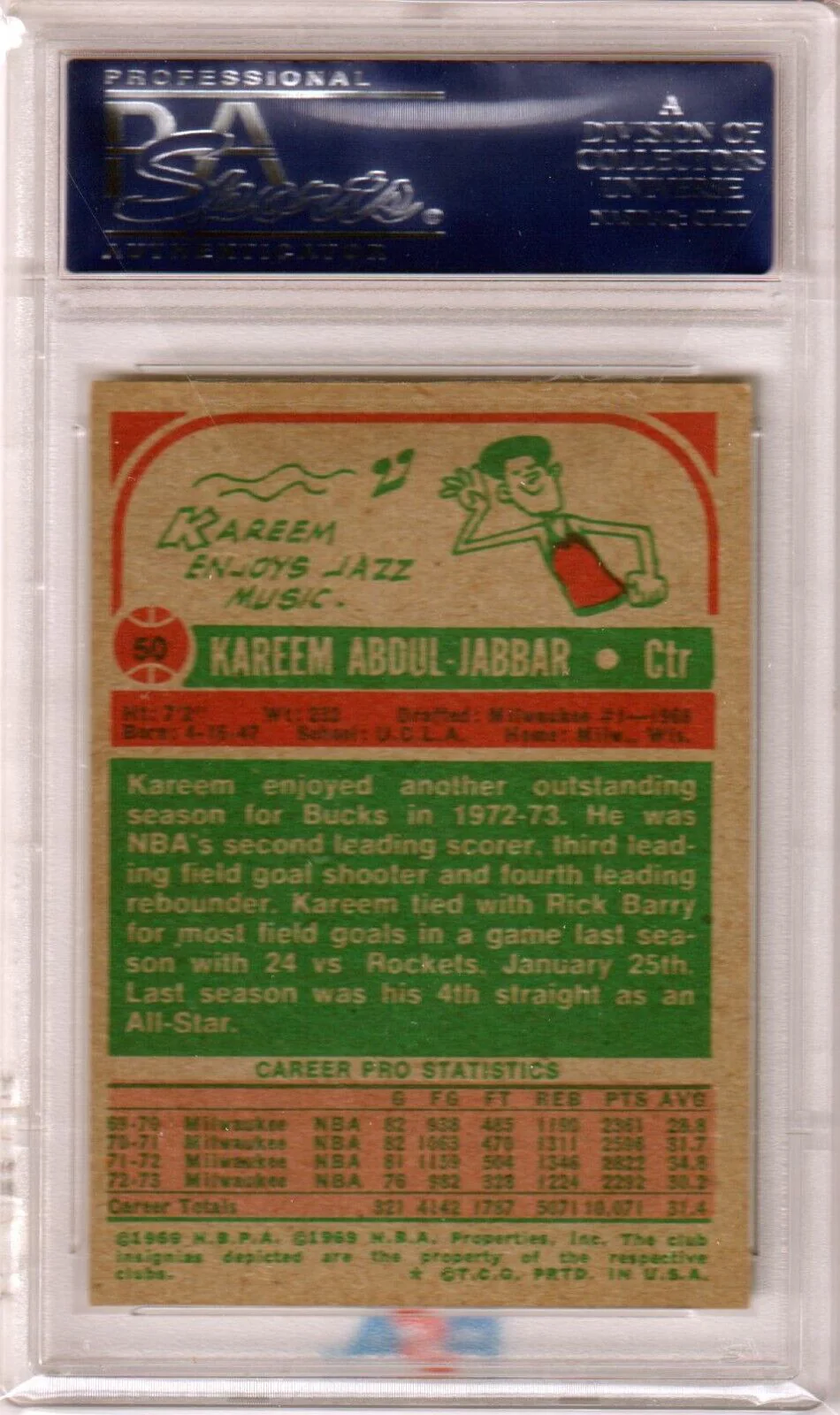 KAREEM ABDUL-JABBAR 1973 Topps #50 PSA 6 EX-MT - BUCKS LAKERS - Image 2