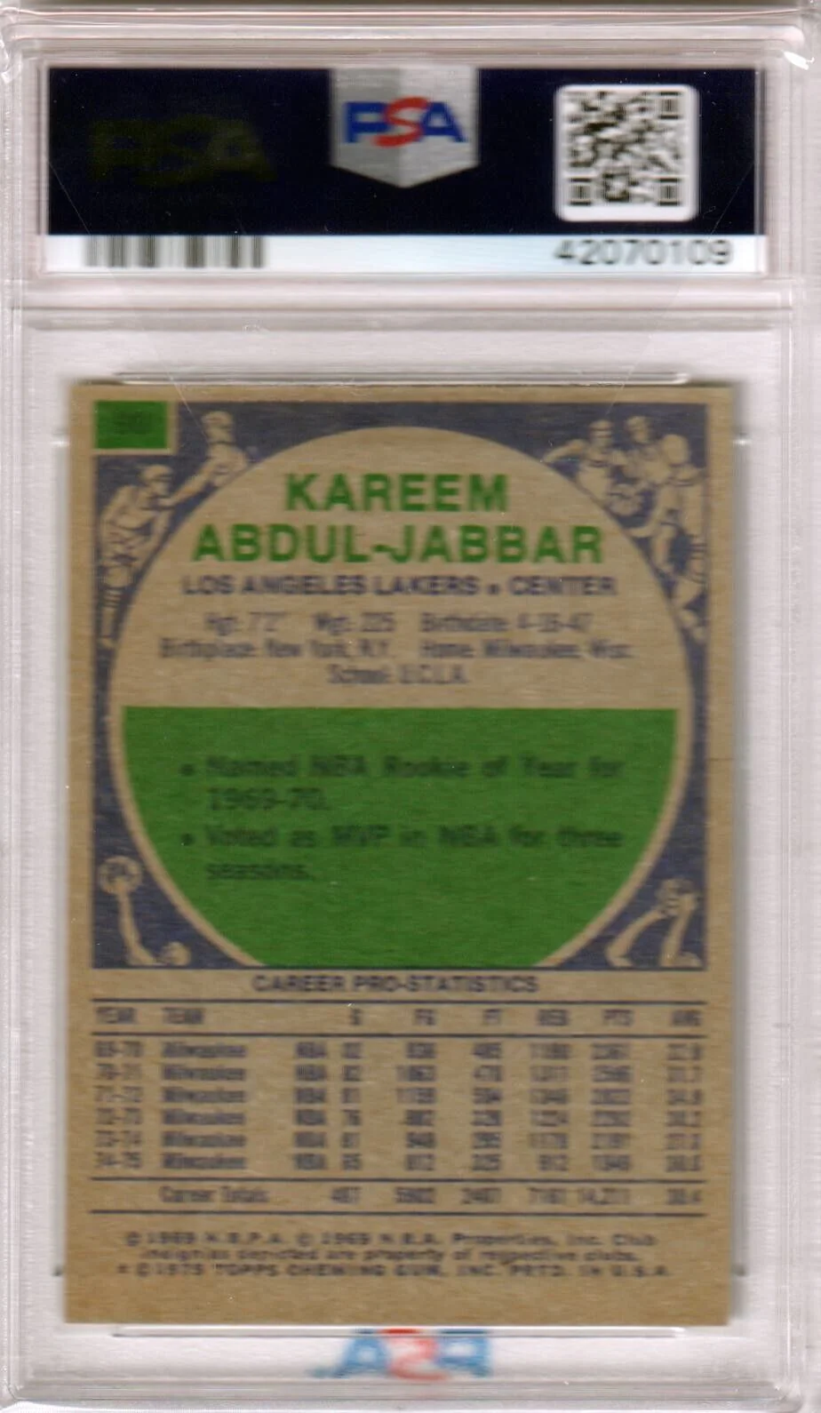 KAREEM ABDUL-JABBAR 1975 Topps #90 PSA 6 EX-MT - LAKERS - Image 2