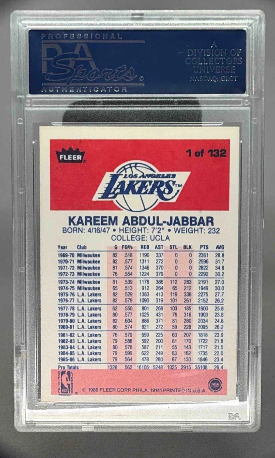 KAREEM ABDUL-JABBAR 1986 FLEER PSA 8 - LAKERS - Image 2