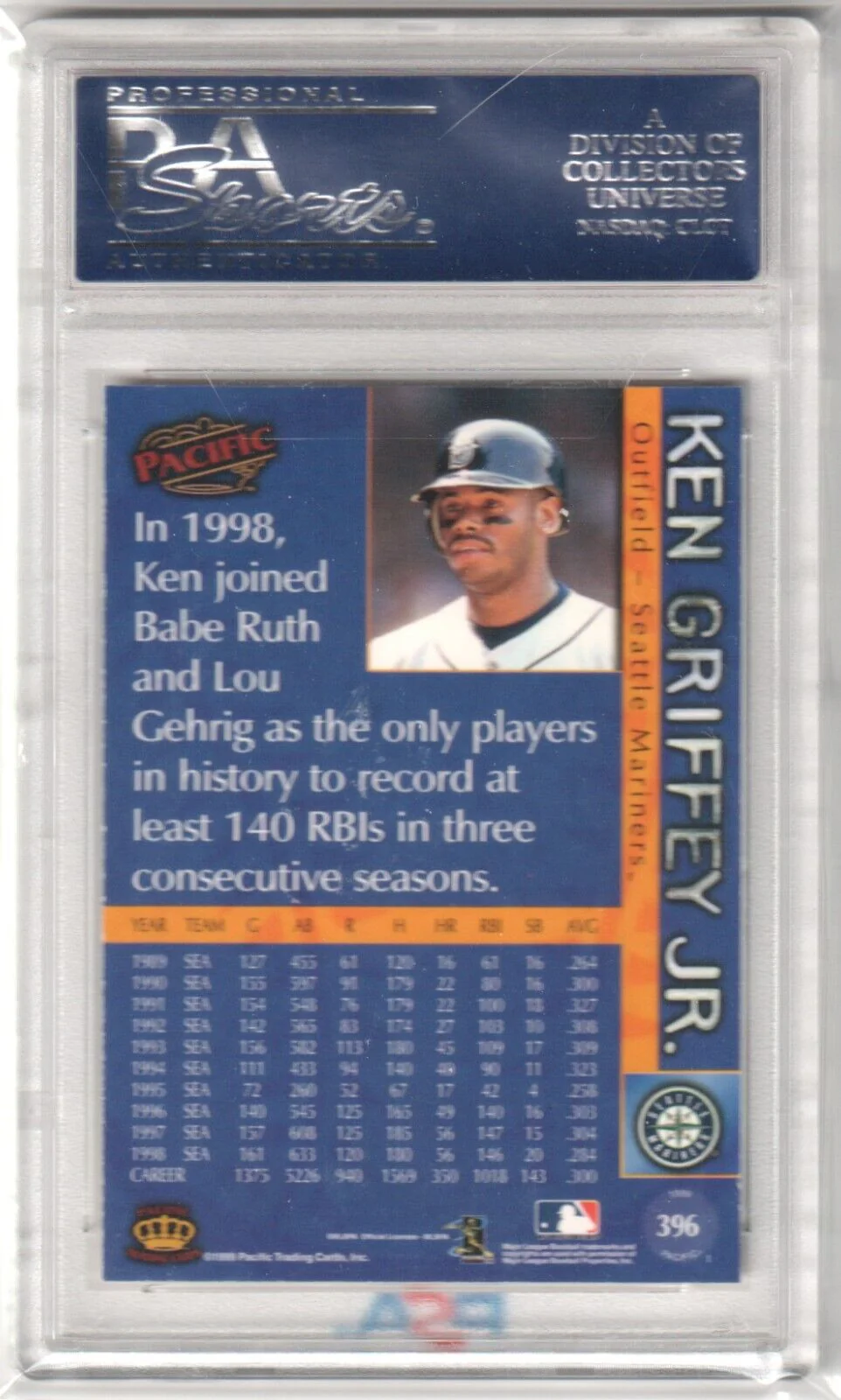 KEN GRIFFEY JR 1999 Pacific Action #396 PSA 10 GEM MINT - MARINERS - Image 2
