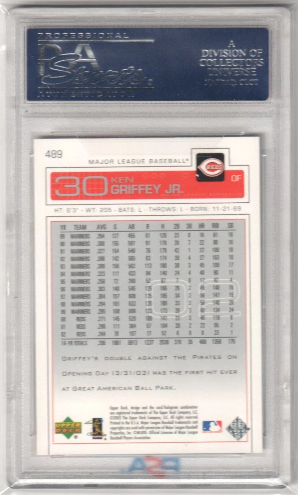 KEN GRIFFEY JR 2003 Upper Deck #489 PSA 10 GEM MINT - REDS - Image 2
