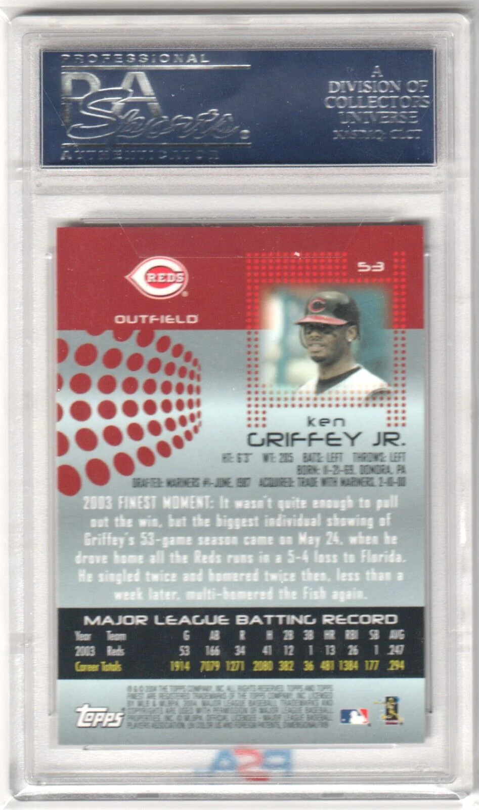KEN GRIFFEY JR 2004 Topps Finest #53 PSA 10 GEM MINT - REDS - Image 2