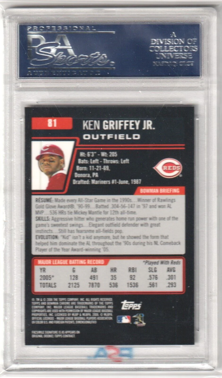 KEN GRIFFEY JR 2006 Bowman Chrome #81 PSA 10 GEM MINT - REDS - Image 2
