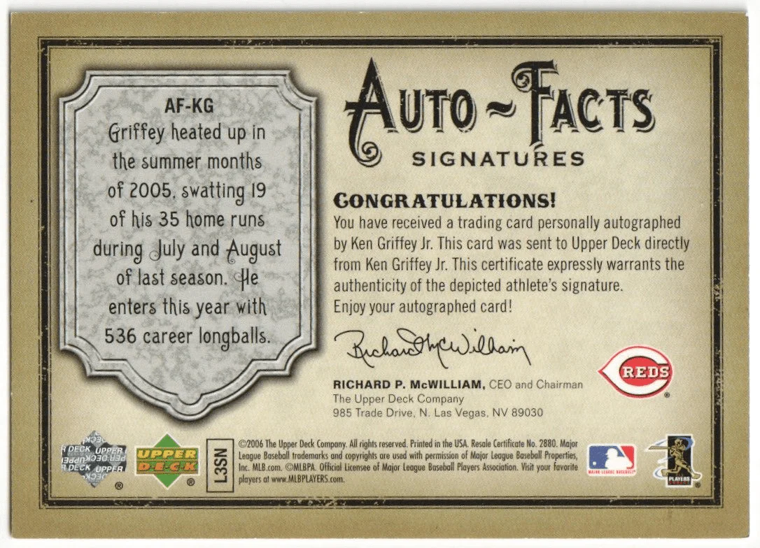KEN GRIFFEY JR 2006 Upper Deck Auto-Facts Autograph Auto #/800 - REDS - Image 2