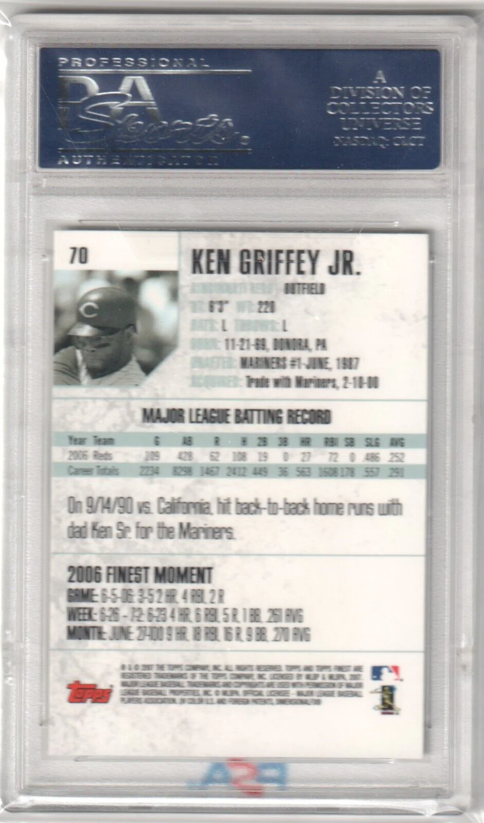 KEN GRIFFEY JR 2007 Topps Finest #70 PSA 10 GEM MINT - REDS - Image 2