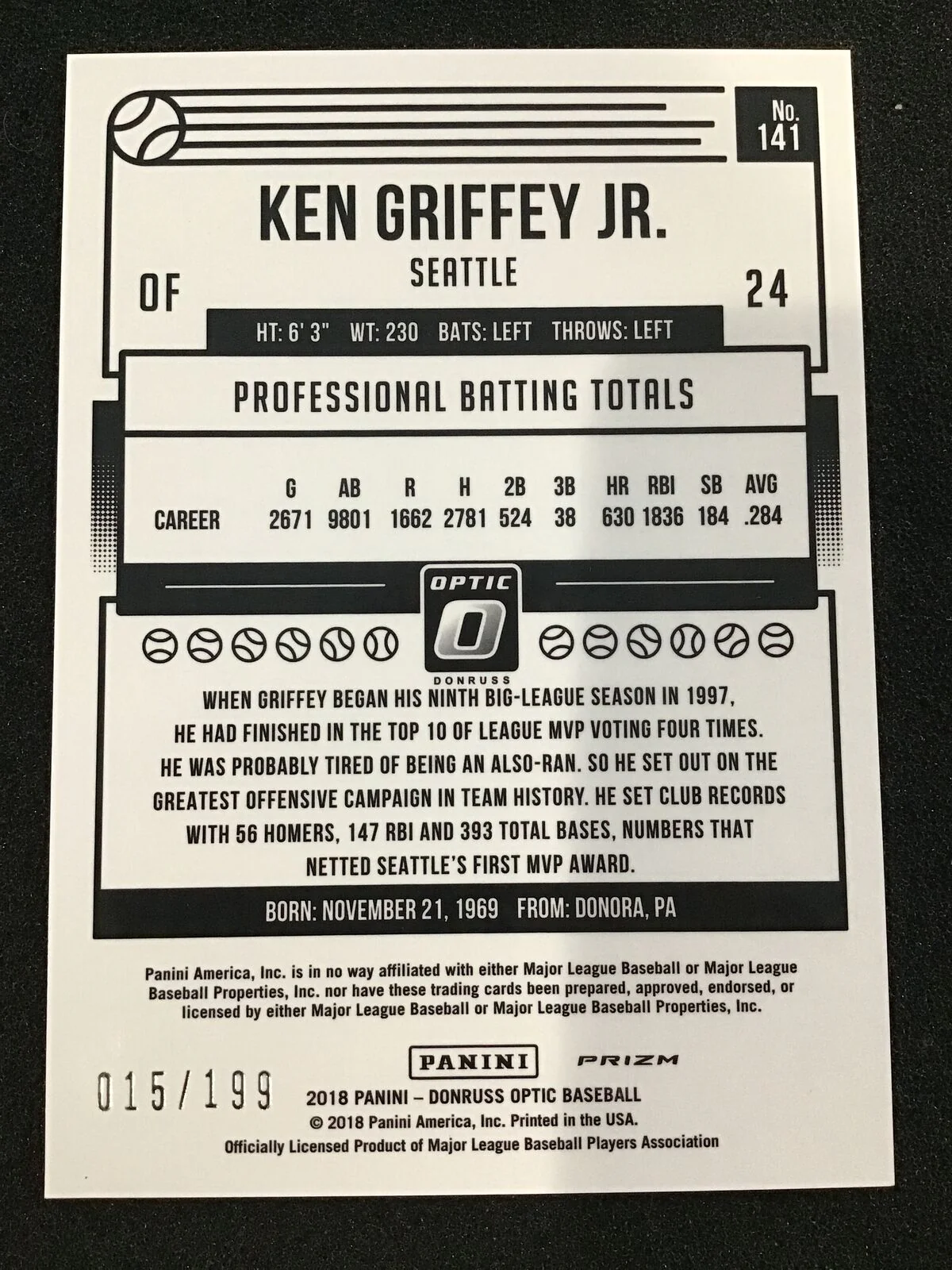 Ken Griffey Jr. 2018 Donruss Optic #141 Orange /199 SP Seattle Mariners - Image 2