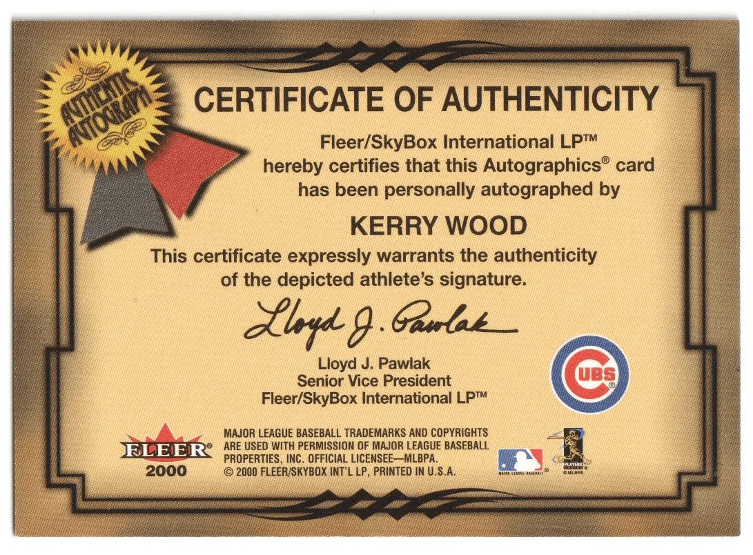 KERRY WOOD 2000 Fleer Autographics Autograph Auto - CUBS - Image 2