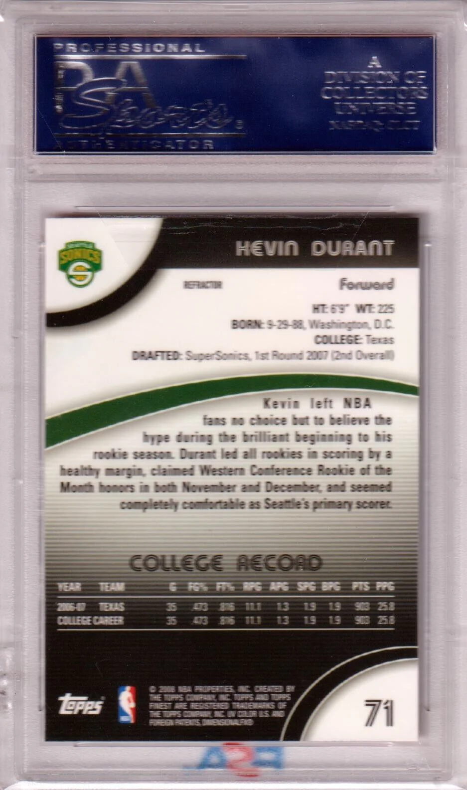 KEVIN DURANT 2007-08 Topps Finest Refractor RC Rookie #71 PSA 10 GEM MINT - Image 2