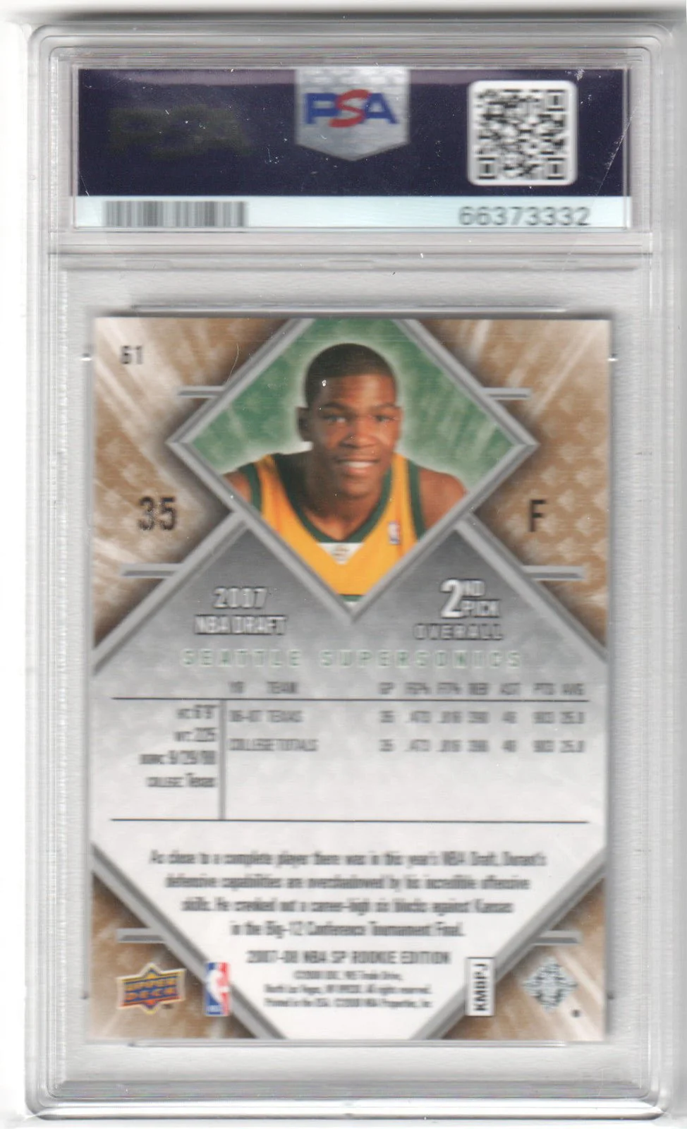 KEVIN DURANT 2007 SP Rookie Edition RC #61 PSA 10 GEM MINT - Image 2