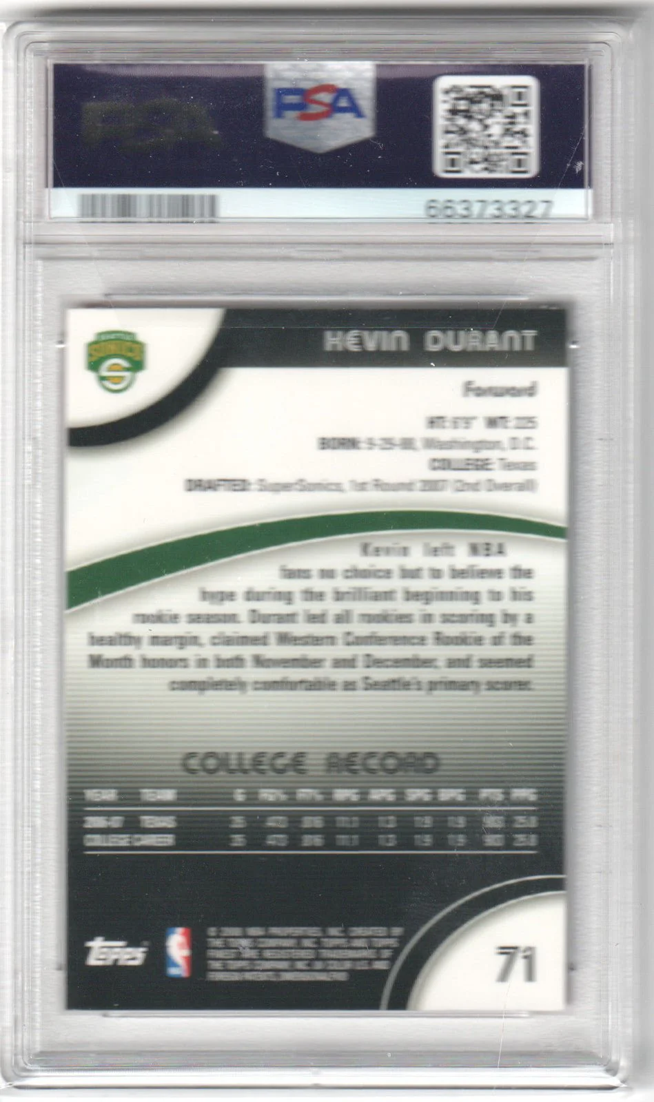 KEVIN DURANT 2007 Topps Finest Rookie RC #71 PSA 10 GEM MINT - Image 2