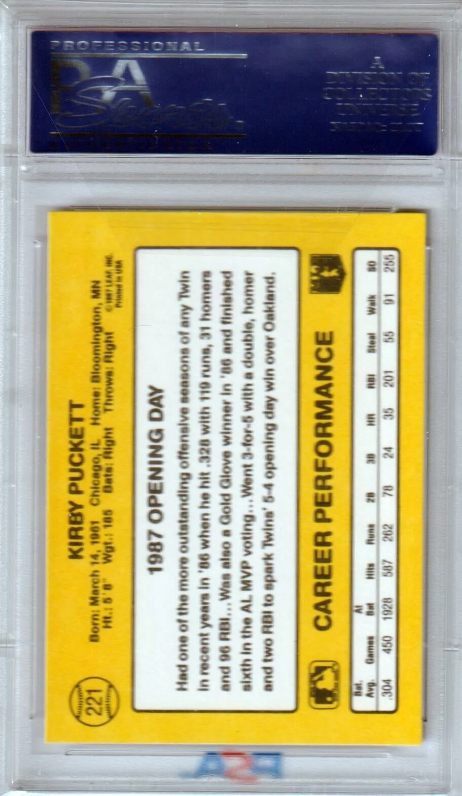 KIRBY PUCKETT 1987 Donruss Opening Day #221 PSA 10 GEM MINT - TWINS - Image 2