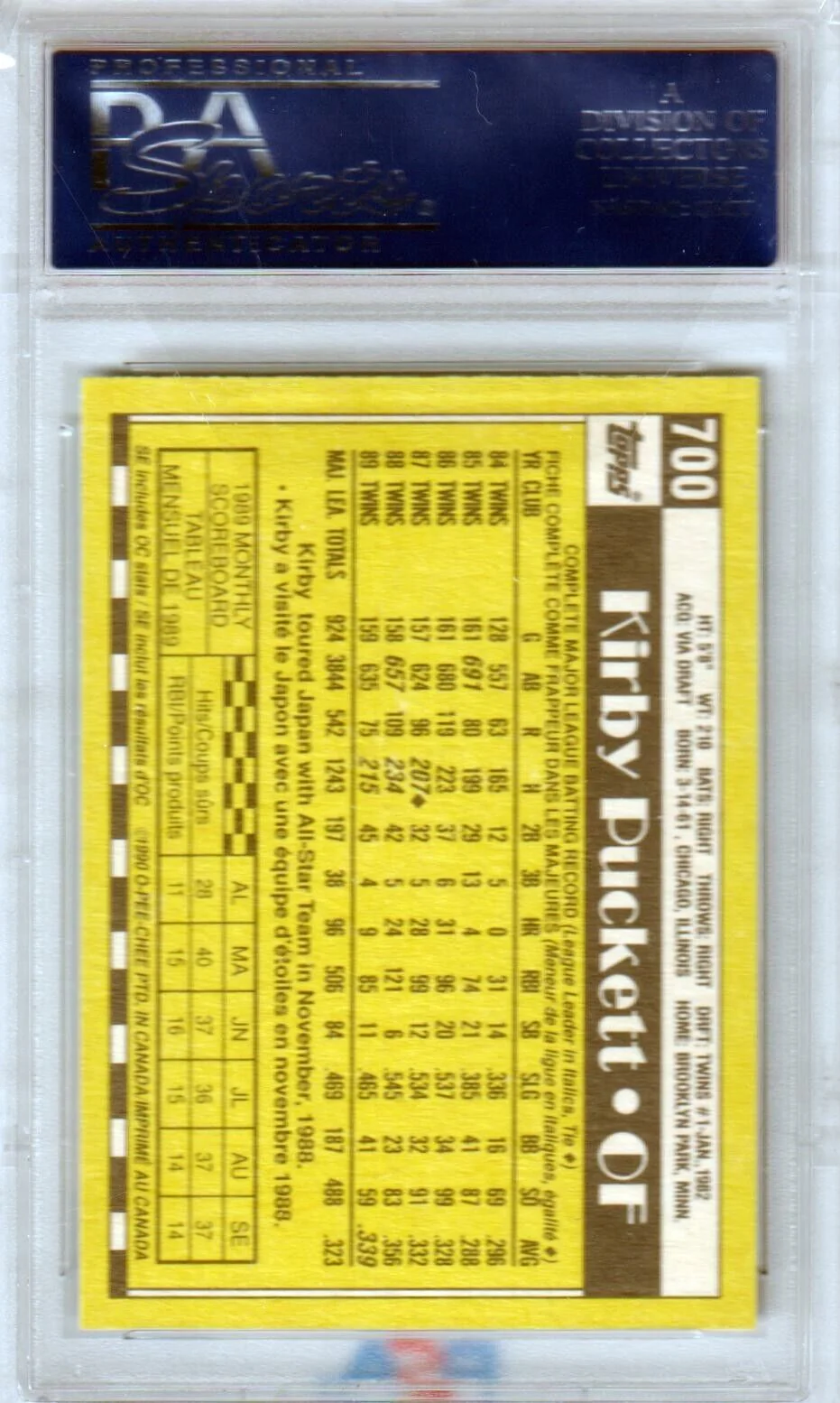 KIRBY PUCKETT 1990 O-Pee-Chee #700 PSA 10 GEM MINT - TWINS - Image 2