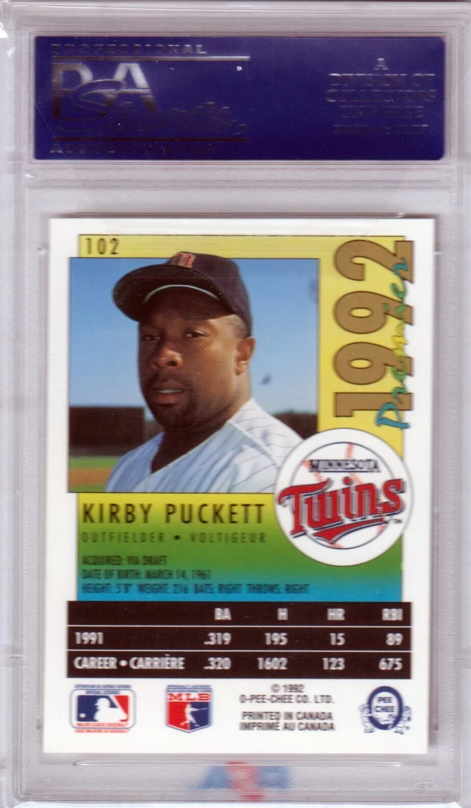 KIRBY PUCKETT 1992 O-Pee-Chee Premier #102 PSA 10 GEM MINT - TWINS - Image 2