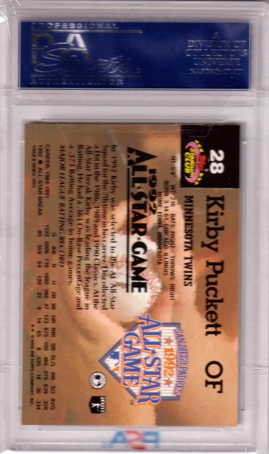 KIRBY PUCKETT 1992 Topps Stadium Club Jack Murphy #28 PSA 10 GEM MINT - TWINS - Image 2