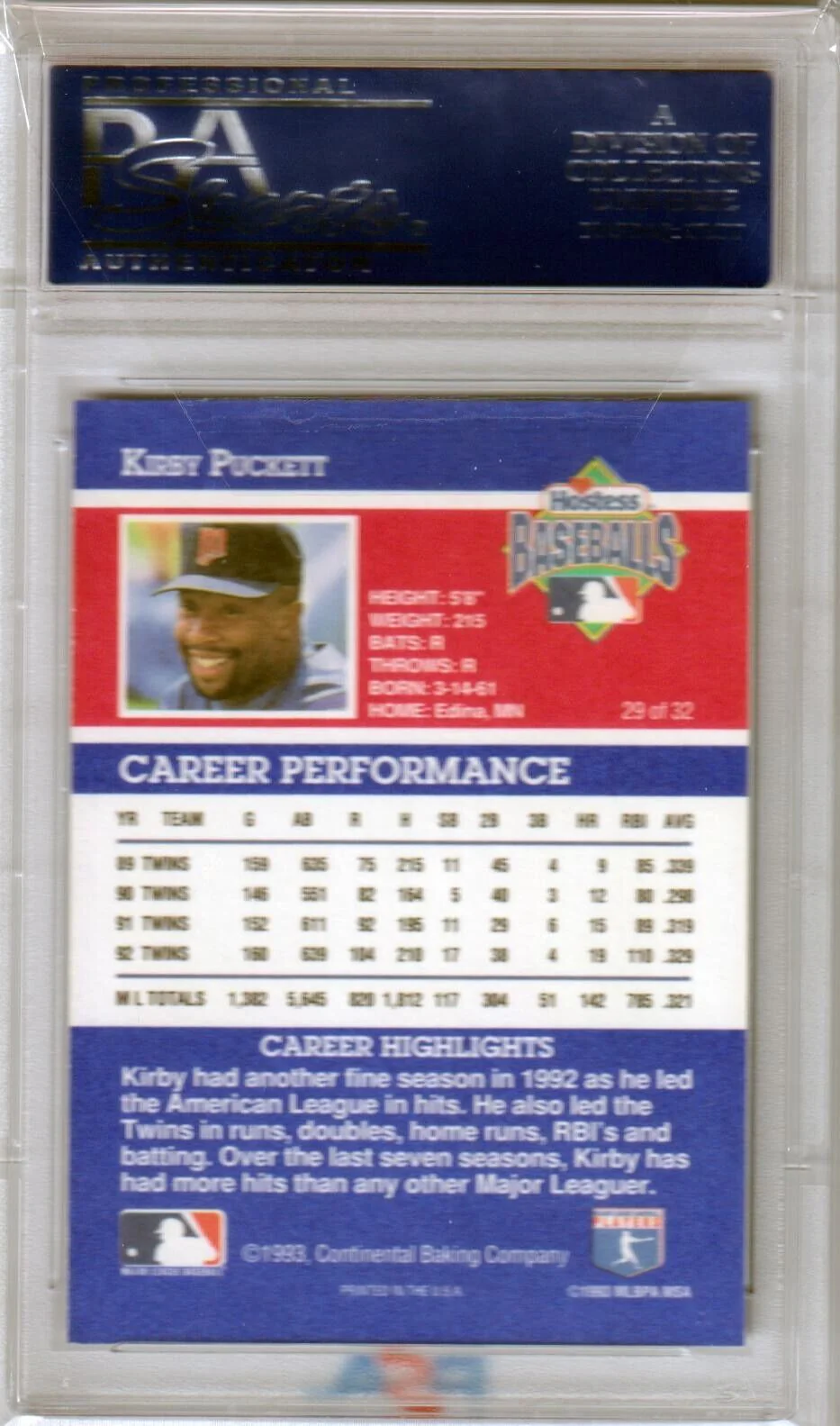 KIRBY PUCKETT 1993 Hostess Twinkies #29 PSA 10 GEM MINT - TWINS - Image 2