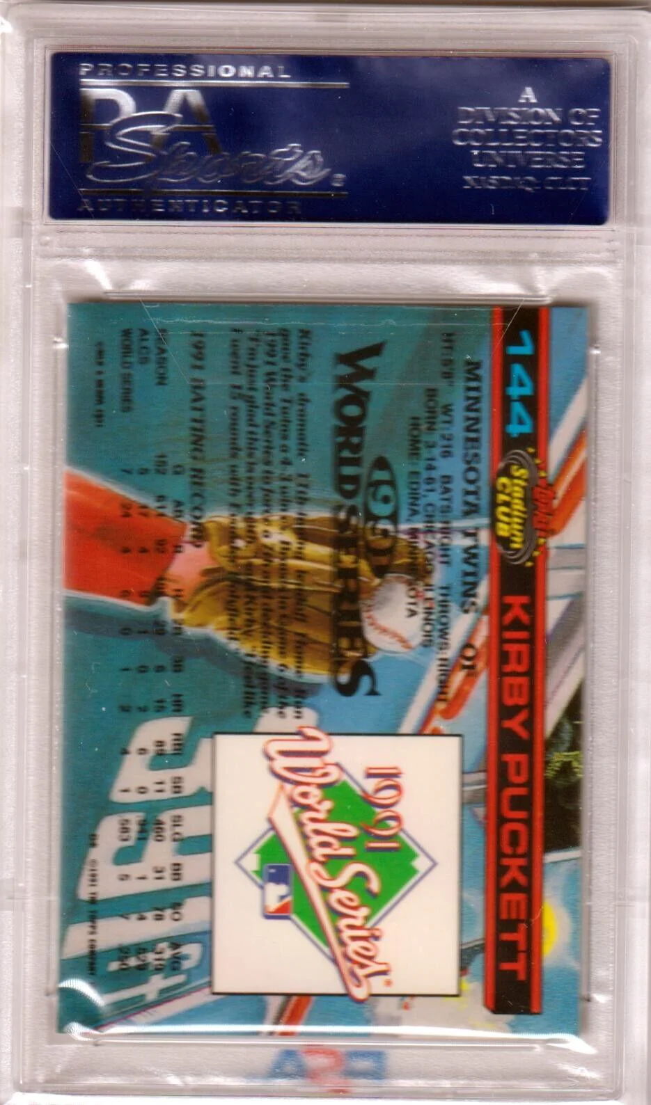 KIRBY PUCKETT 1993 Stadium Club S.E. Correct W.S #144 PSA 10 GEM MINT - TWINS - Image 2