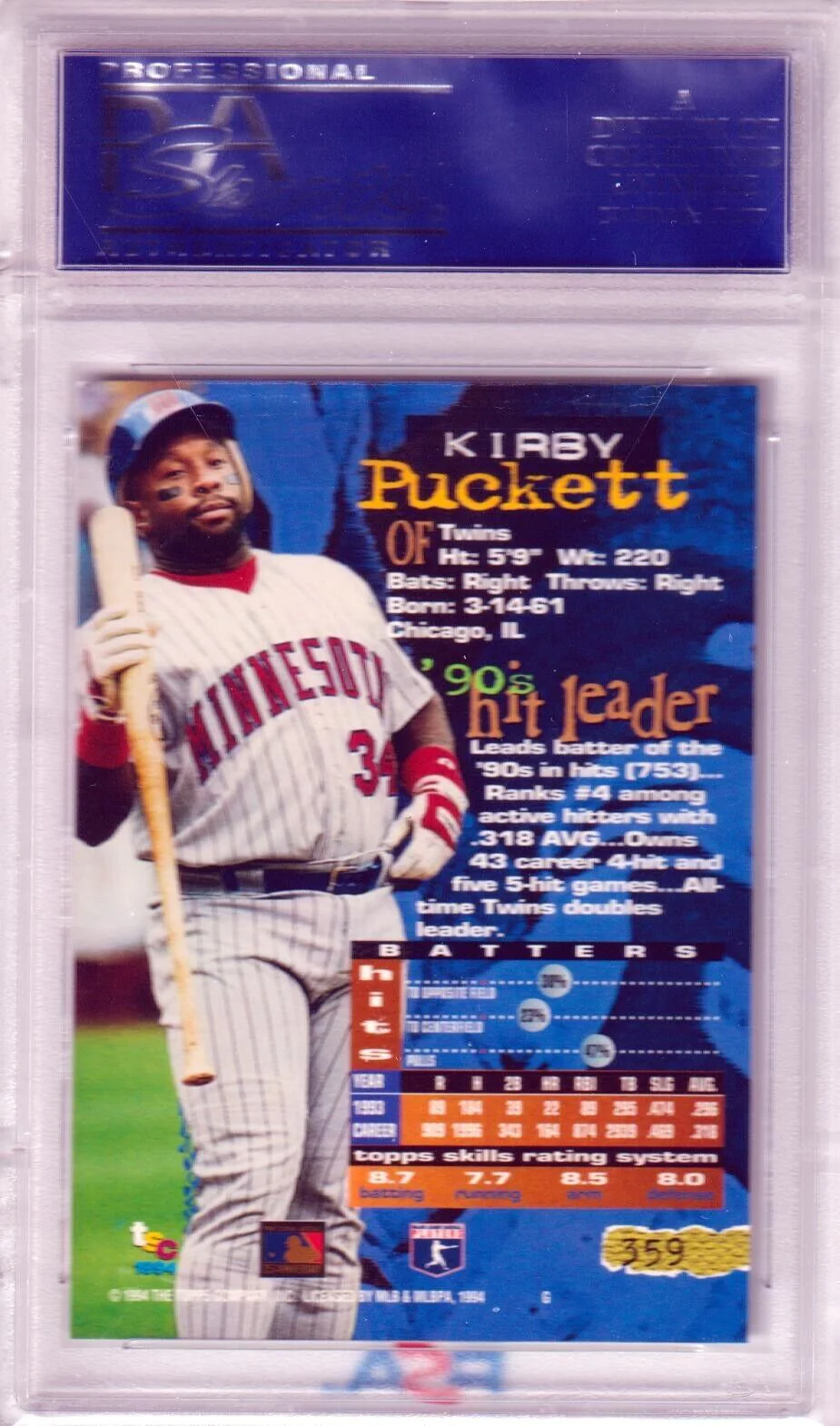 KIRBY PUCKETT 1994 Topps Stadium Club #359 PSA 10 GEM MINT - TWINS - Image 2