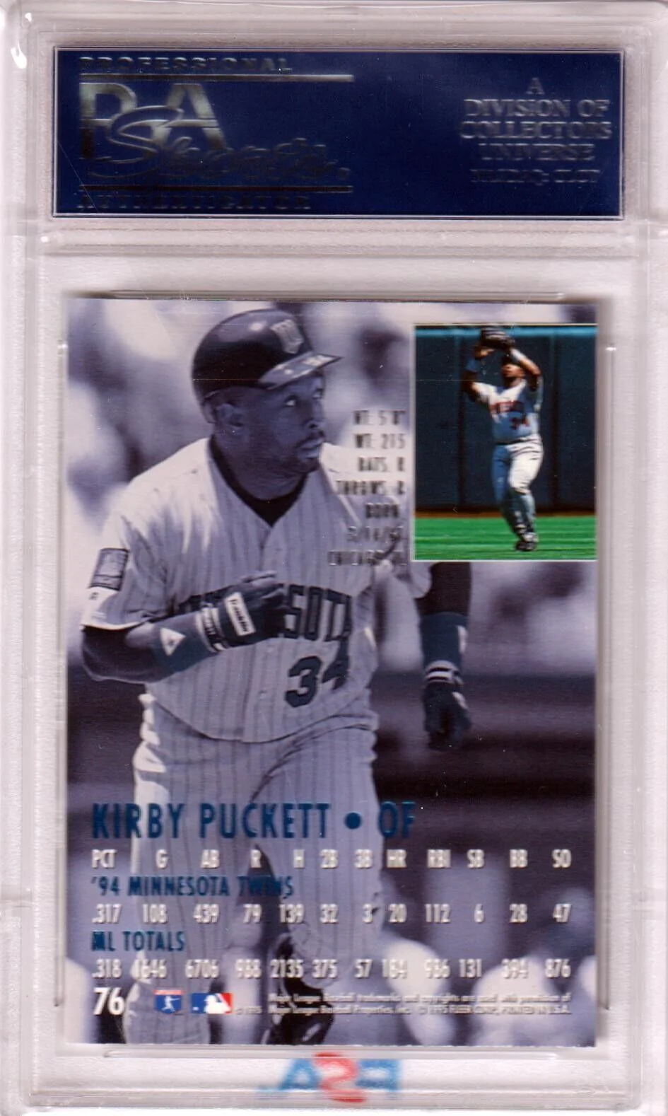 KIRBY PUCKETT 1995 Fleer Ultra #76 PSA 10 GEM MINT - TWINS - Image 2