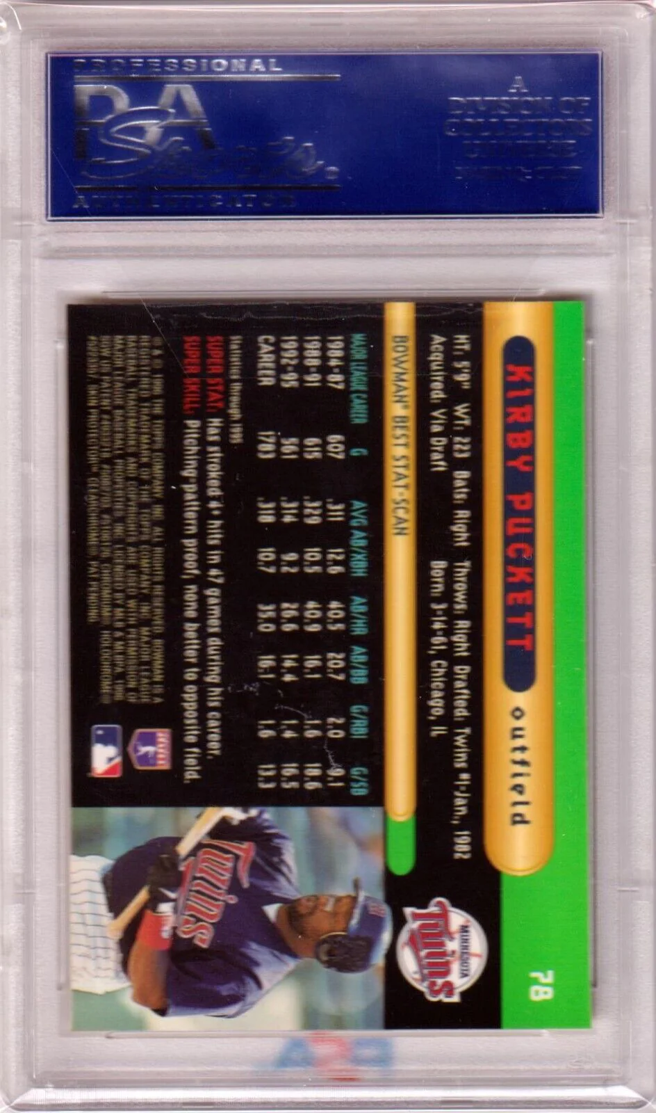 KIRBY PUCKETT 1996 Bowman's Best #78 PSA 10 GEM MINT - TWINS - Image 2