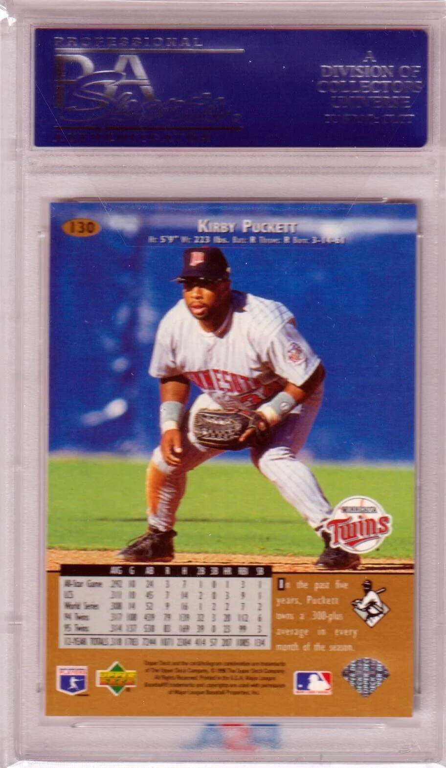 KIRBY PUCKETT 1996 Upper Deck #130 PSA 10 GEM MINT - TWINS - Image 2