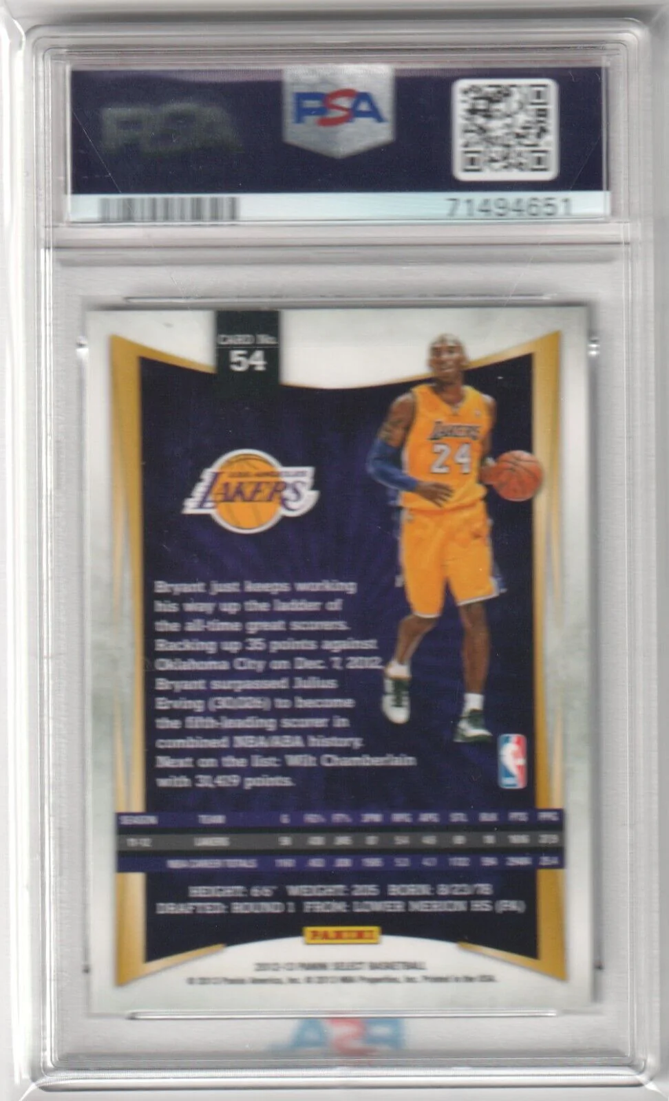 KOBE BRYANT 2012-13 Panini Select #54 PSA 8 NM-MT - LAKERS - Image 2