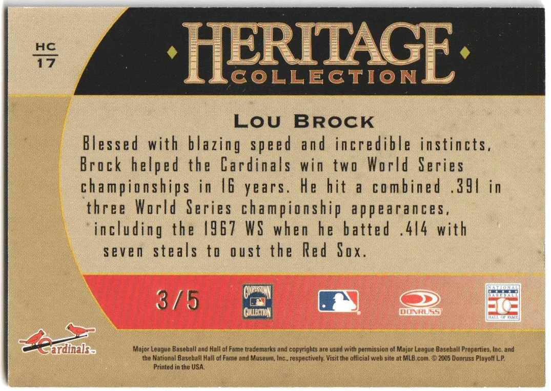 LOU BROCK 2005 Donruss Diamond Kings Autograph Auto SP #/5 - CARDINALS - Image 2