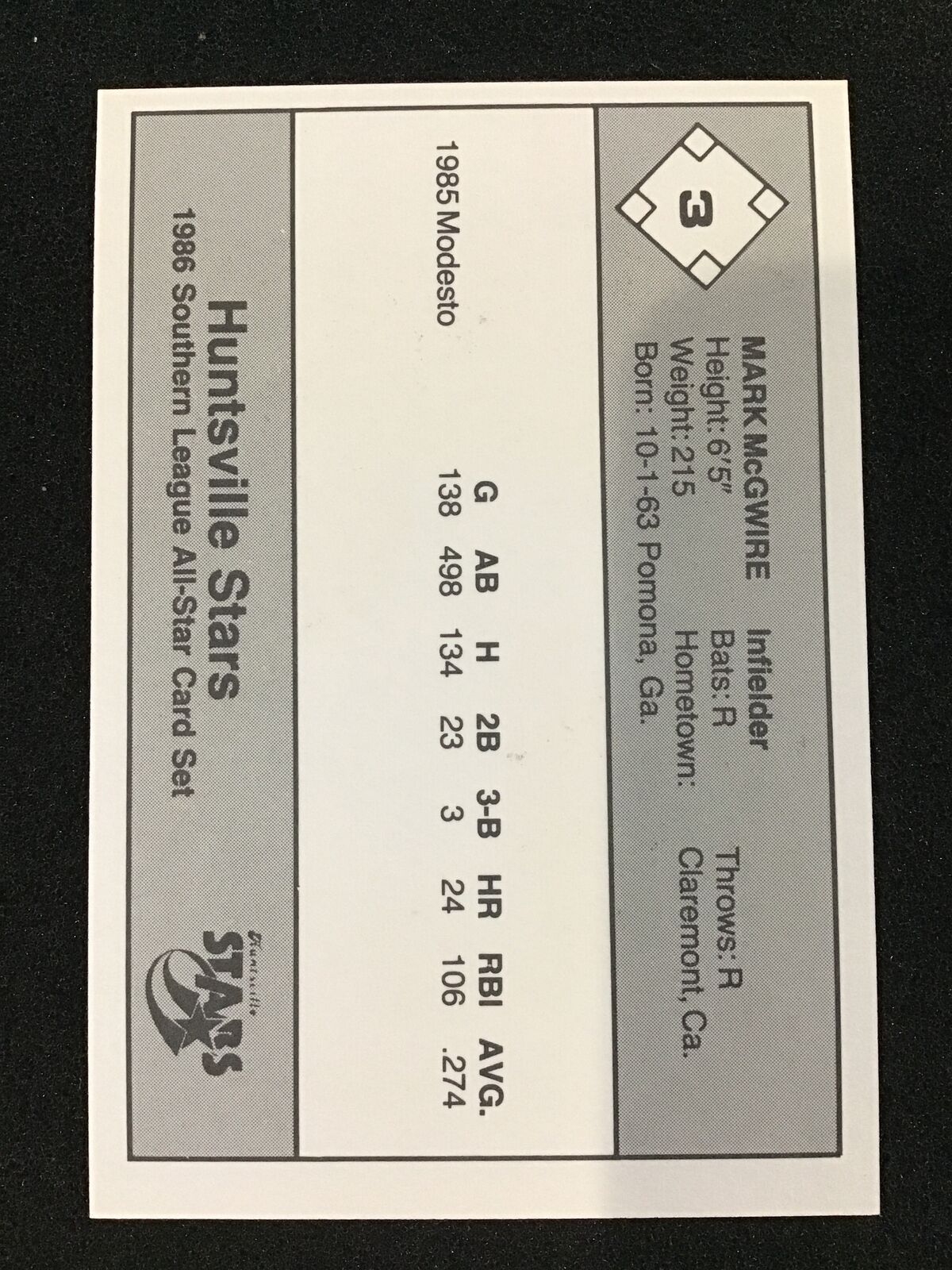 Mark McGwire 1986 Don Jennings Southern All-Stars 3 Huntsville Stars - Image 2