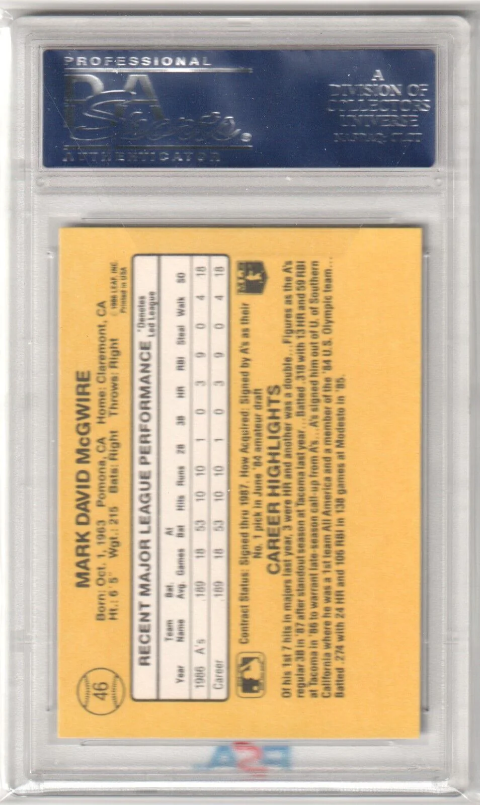 MARK McGWIRE 1987 Donruss Rookie RC #46 PSA 10 GEM MINT - ATHLETICS - Image 2