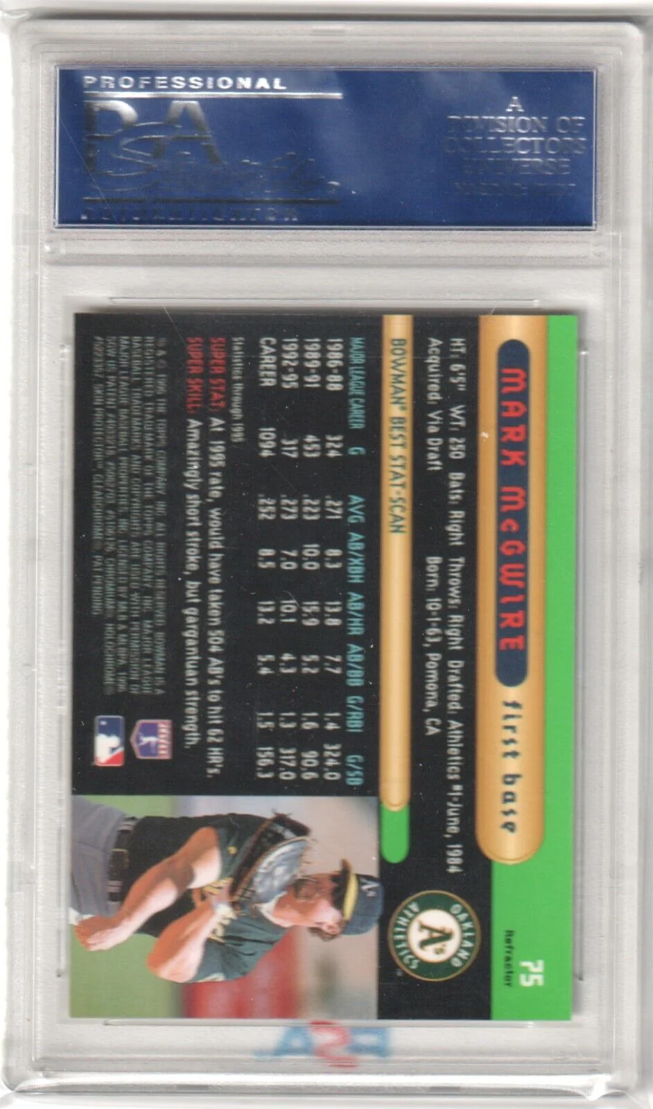 MARK McGWIRE 1996 Bowman's Best Refractor #75 PSA 10 GEM MINT - ATHLETICS - Image 2