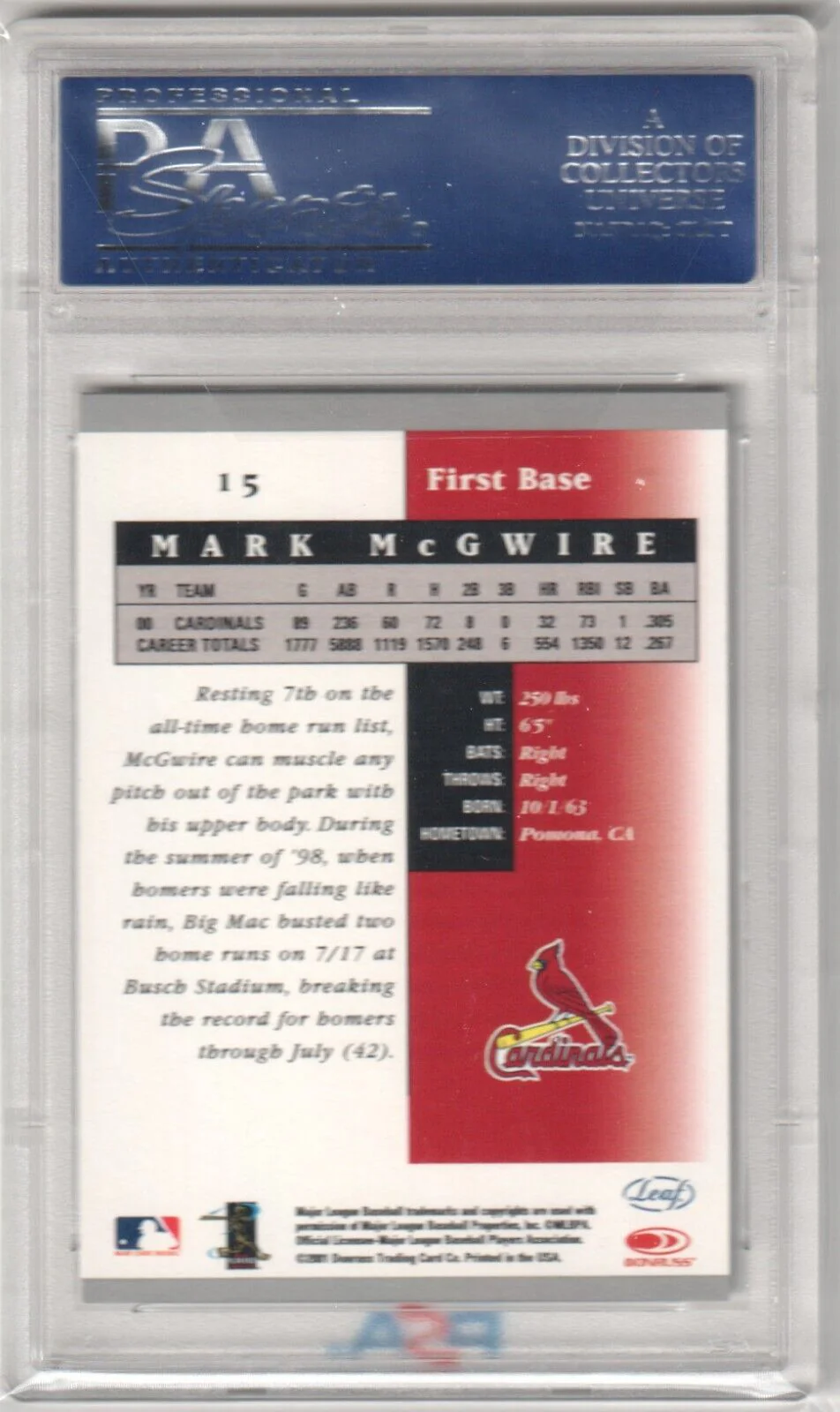 MARK McGWIRE 2001 Leaf Certified Materials #15 PSA 10 GEM MINT - CARDINALS - Image 2