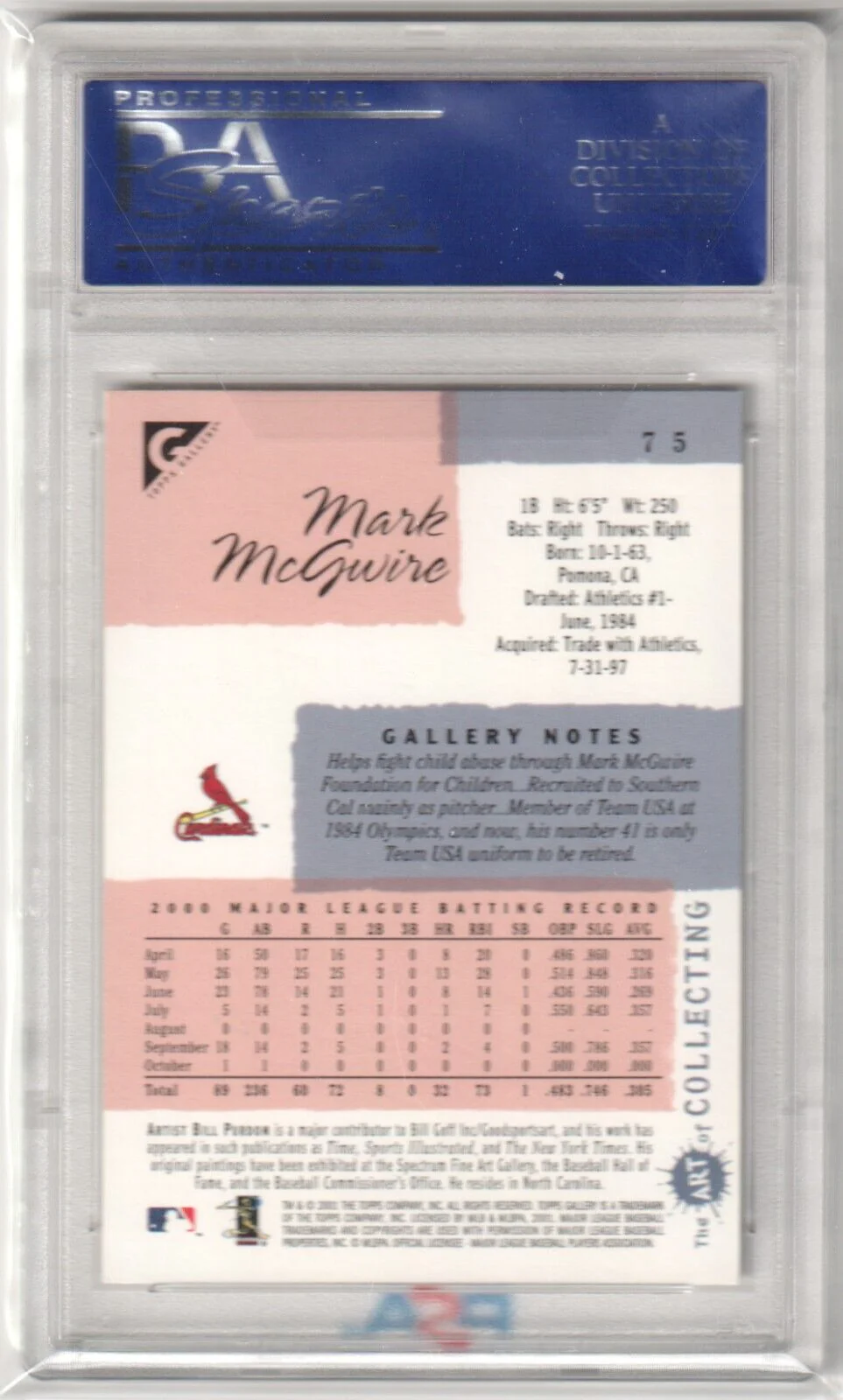MARK McGWIRE 2001 Topps Gallery #75 PSA 10 GEM MINT - CARDINALS - Image 2