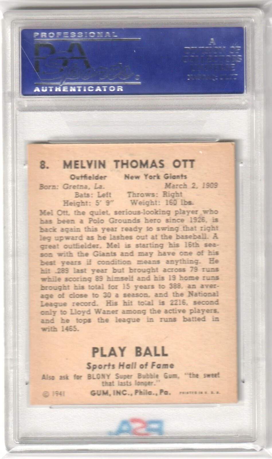 MEL OTT 1941 Play Ball #8 PSA 4 VG-EX - GIANTS - Image 2