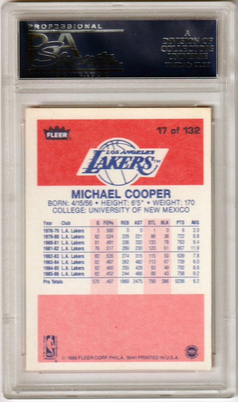 MICHAEL COOPER 1986-87 Fleer #17 PSA 9 MINT - LAKERS - Image 2