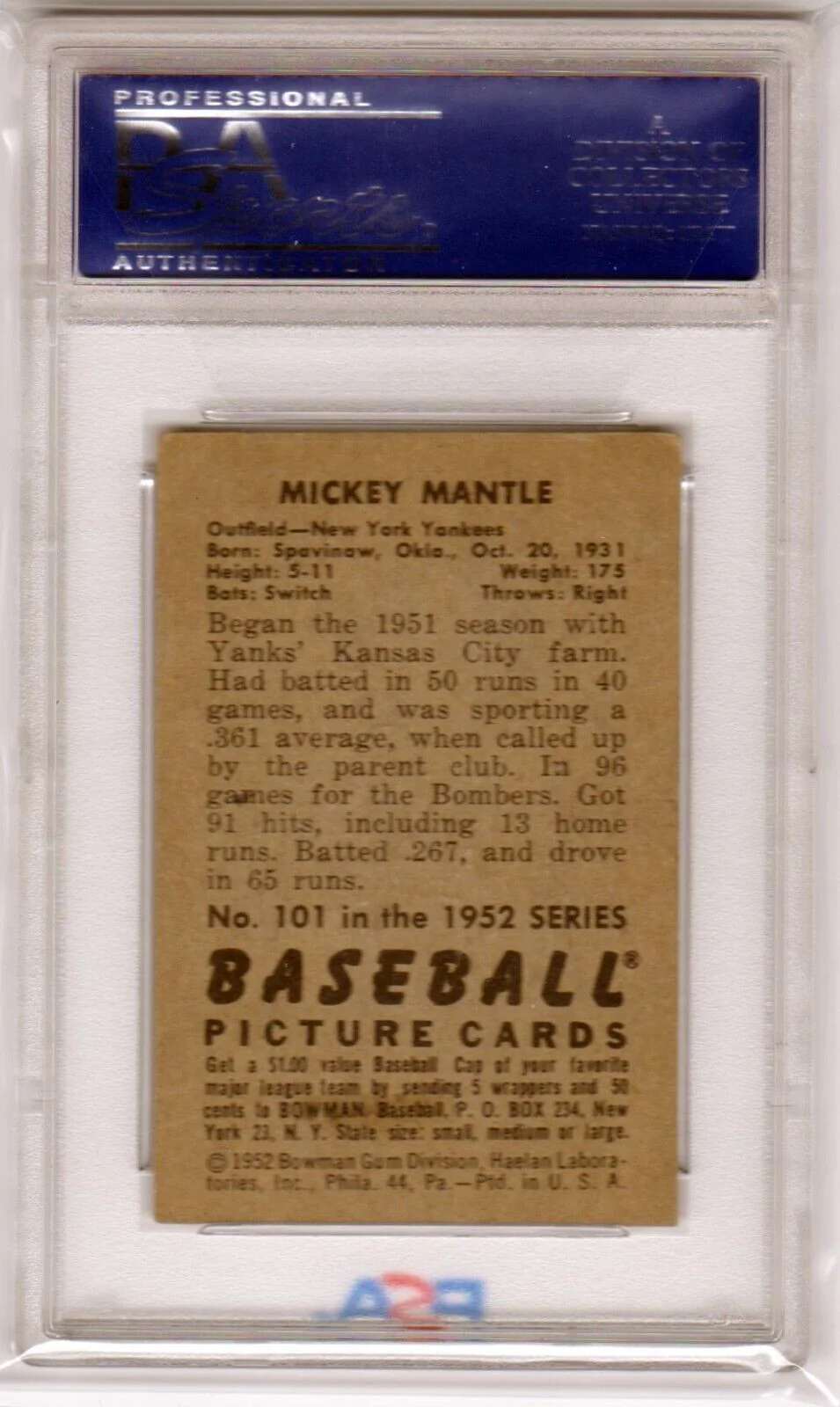 MICKEY MANTLE 1952 Bowman #101 PSA 4.5 VG-EX+ - YANKEES - Image 2
