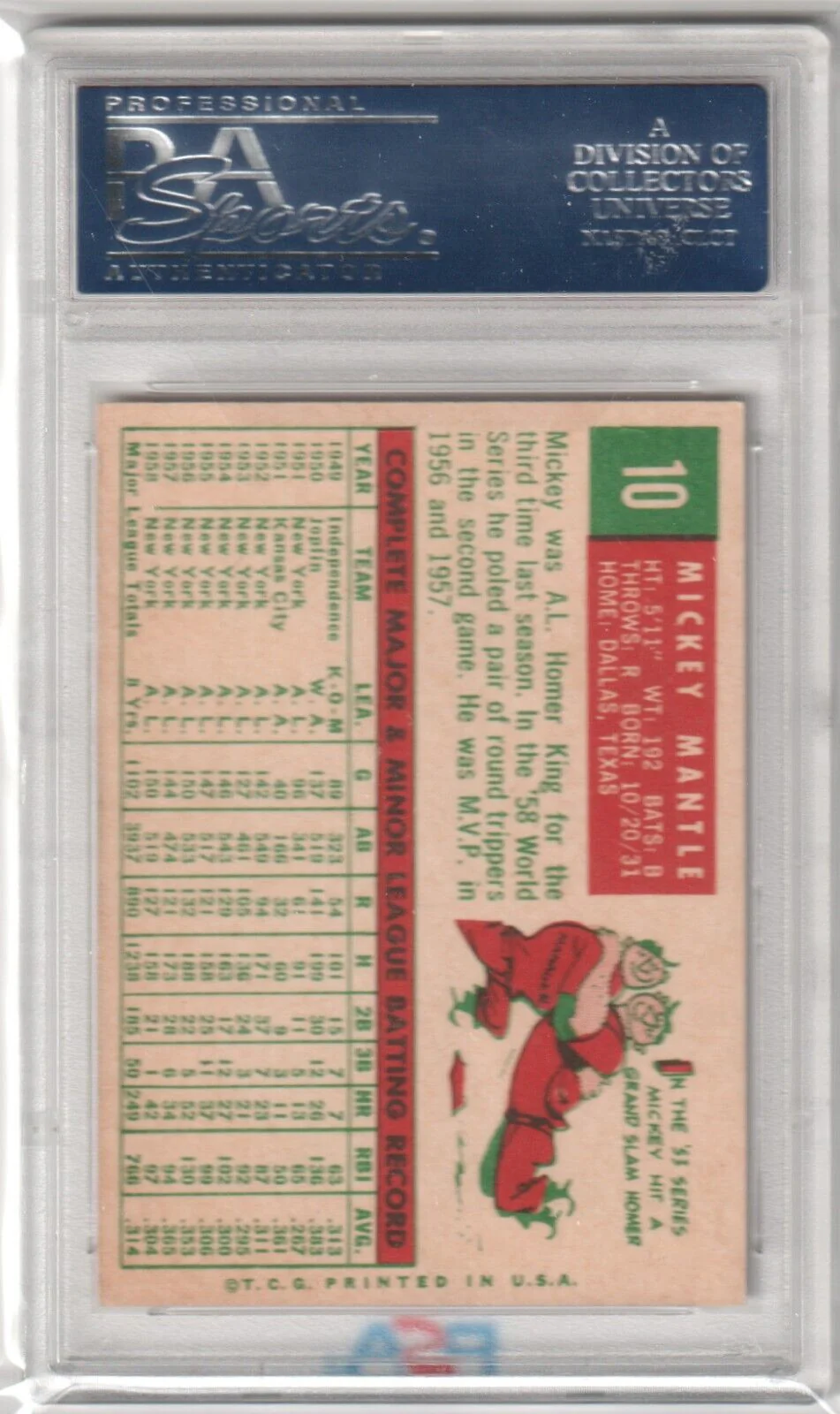 MICKEY MANTLE 1959 Topps #10 PSA 6 EX-MT - YANKEES - Image 2
