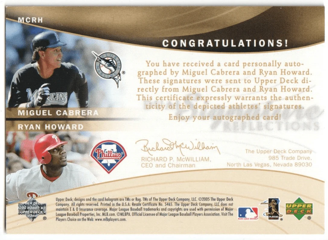 MIGUEL CABRERA - RYAN HOWARD 2005 Upper Deck Reflections Dual Autograph Auto - Image 2
