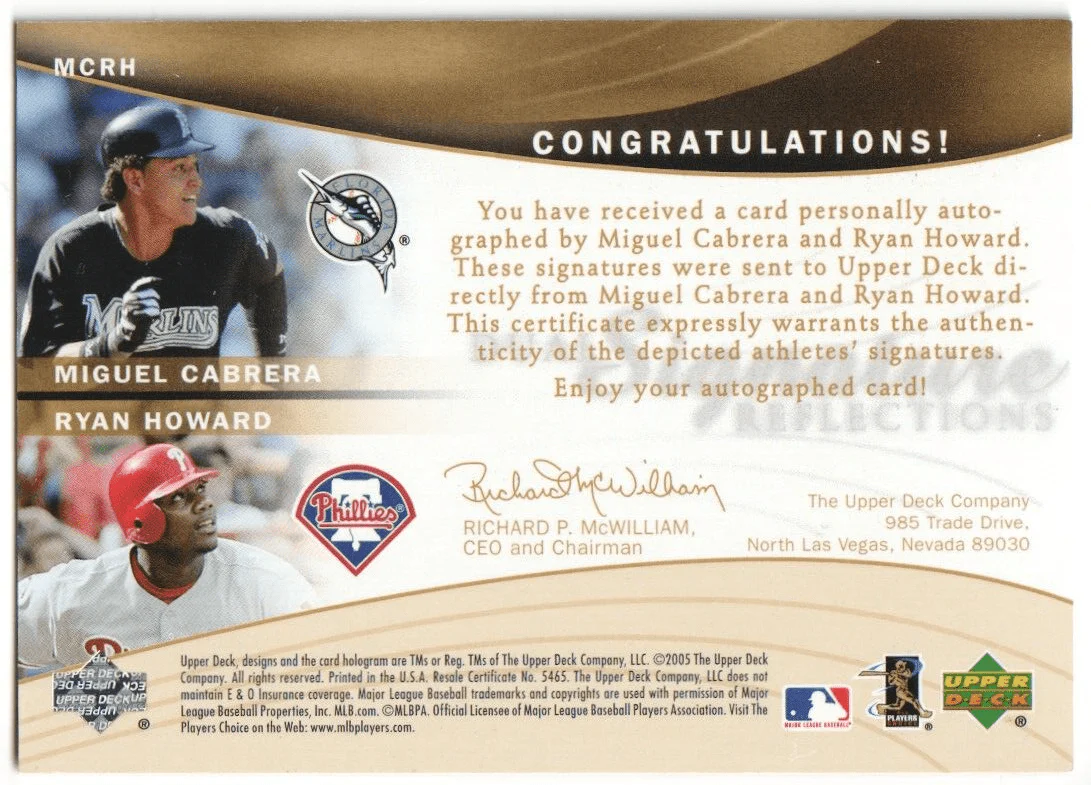 MIGUEL CABRERA - RYAN HOWARD 2005 Upper Deck Reflections Dual Autograph Auto - Image 2