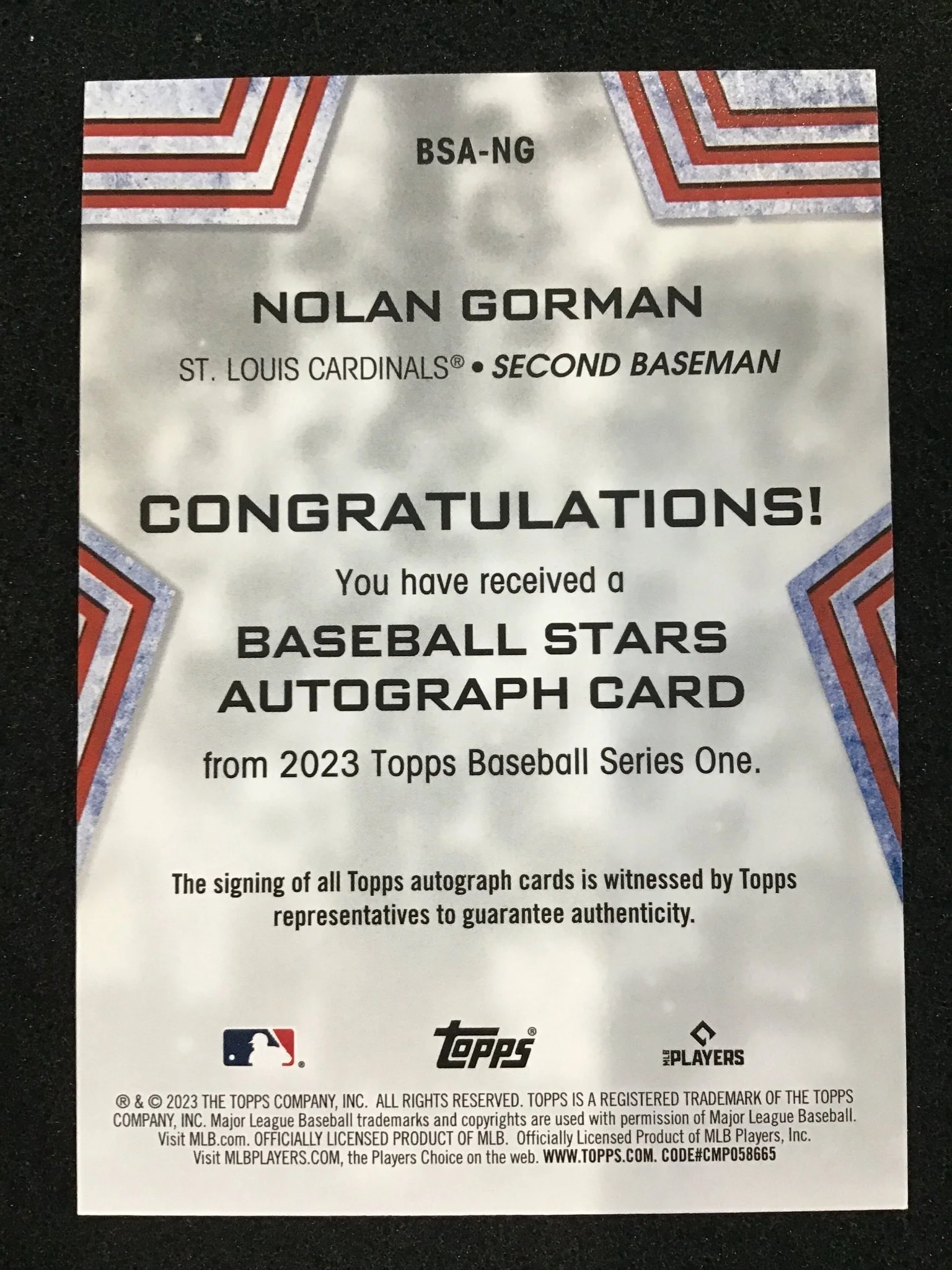 Nolan Gorman 2023 Topps Series 1 RC Baseball Stars Auto BSA-NG Cardinals - Image 2