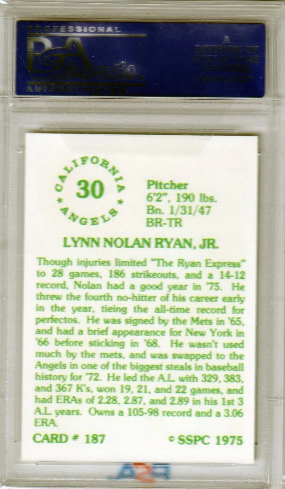 NOLAN RYAN 1975 SSPS #187 PSA 10 GEM MINT - ANGELS - Image 2