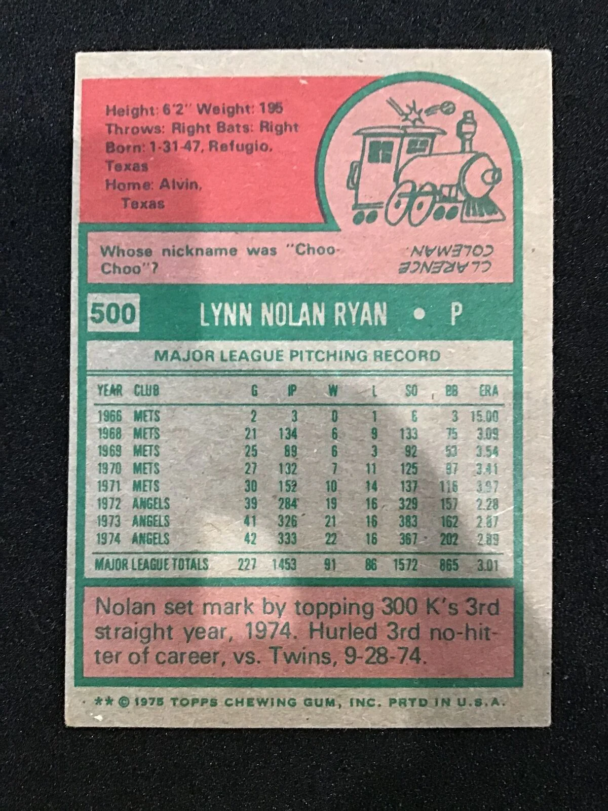 Nolan Ryan 1975 Topps #500 - California Angels - Image 2